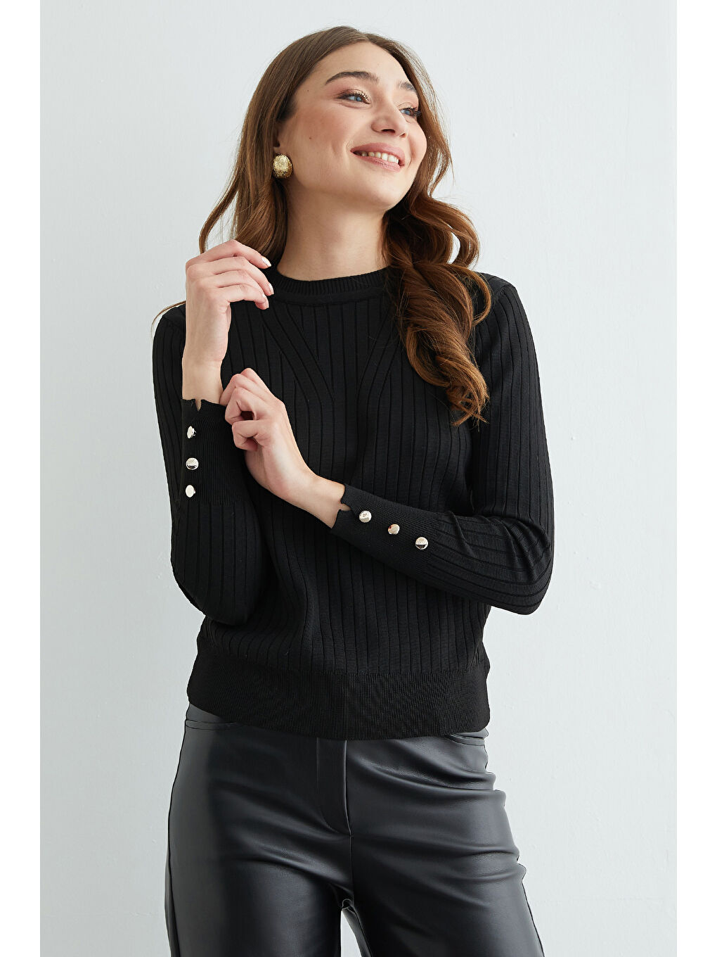 Siyah Fitilli Bisiklet Yaka Triko Kazak