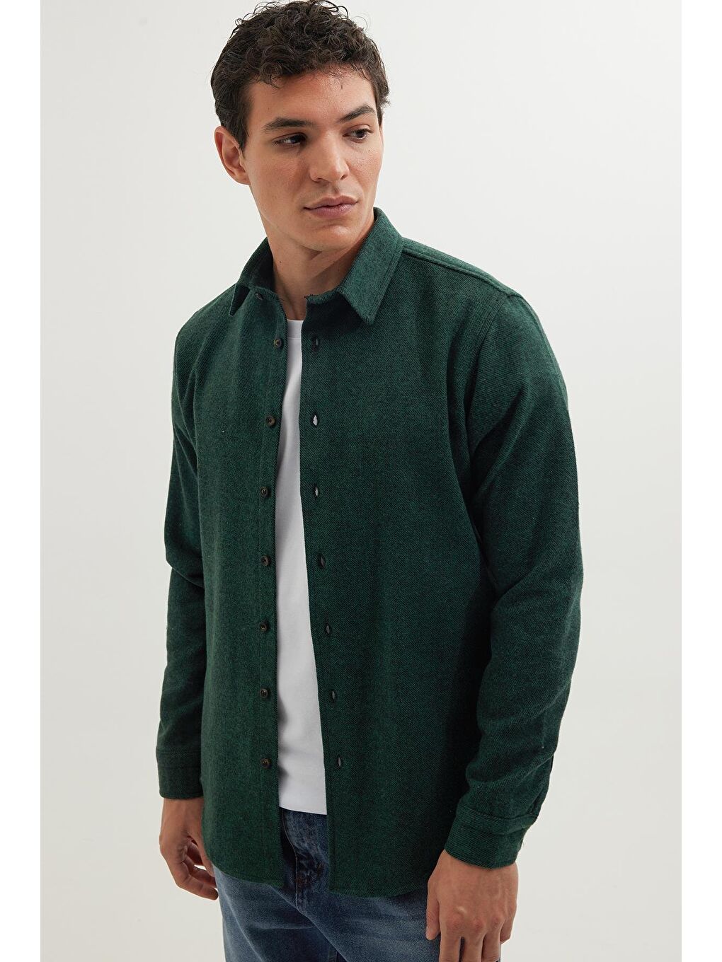 Erkek Slim Fit Dar Kesim Uzun Kollu Düz Kışlık Oduncu Yeşil Gömlek-4