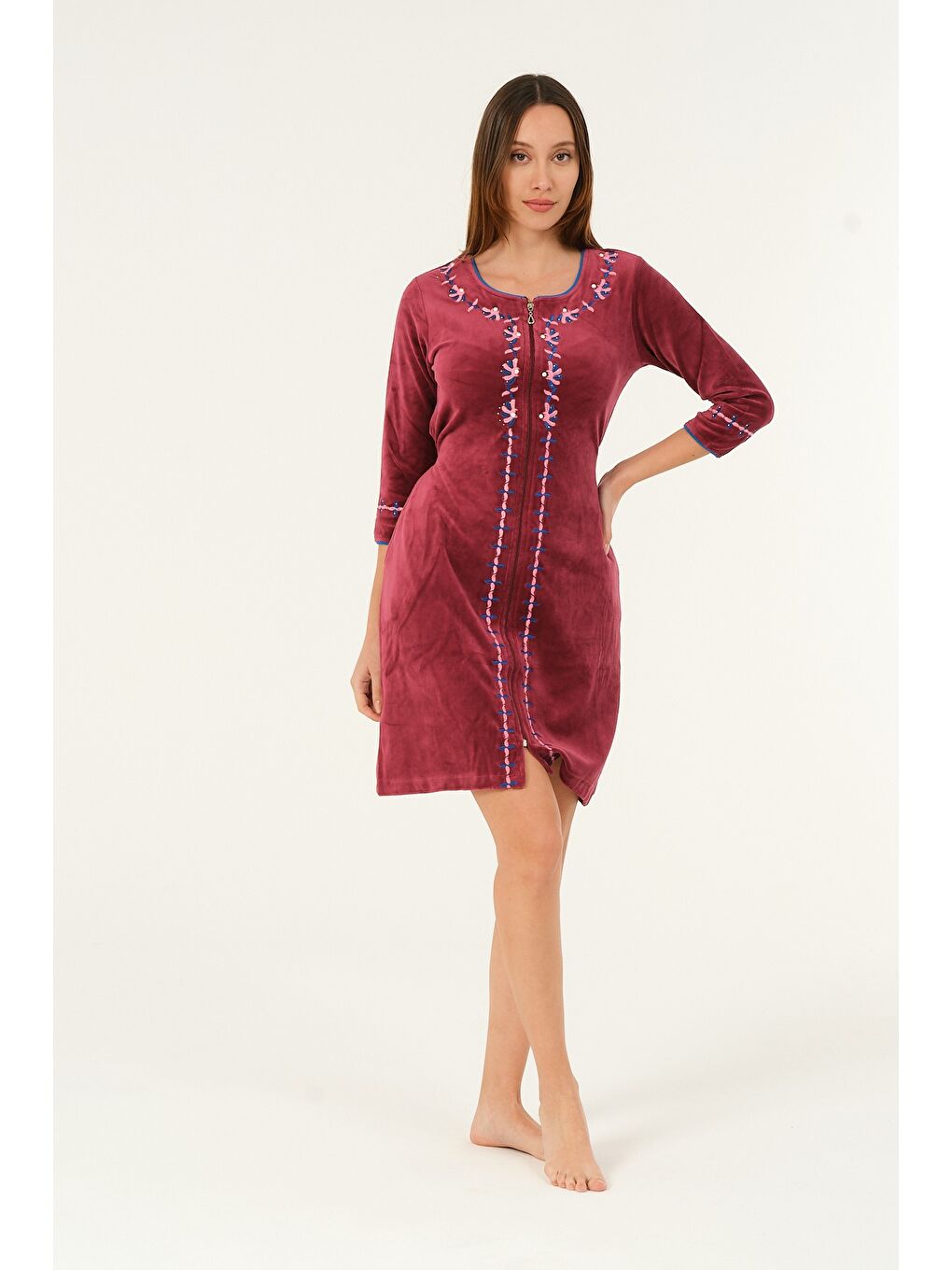 Bordo lacivert kısa kollu nakış detaylı kadife pamuklu elbise-1