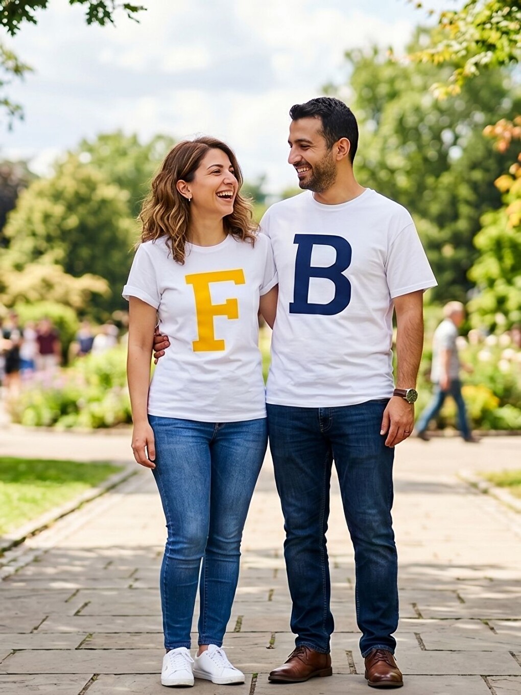 Beyaz Kadın Erkek F+B Baskılı Kombin Tişört