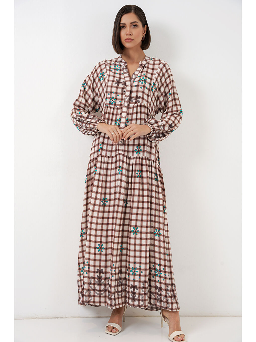 Kahverengi Kadın Desenli Uzun Tesettür Elbise 2585 - A.Taba-4