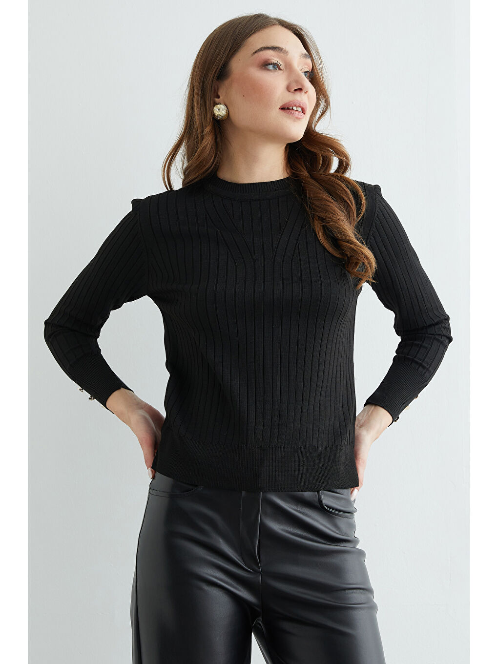 Siyah Fitilli Bisiklet Yaka Triko Kazak-3