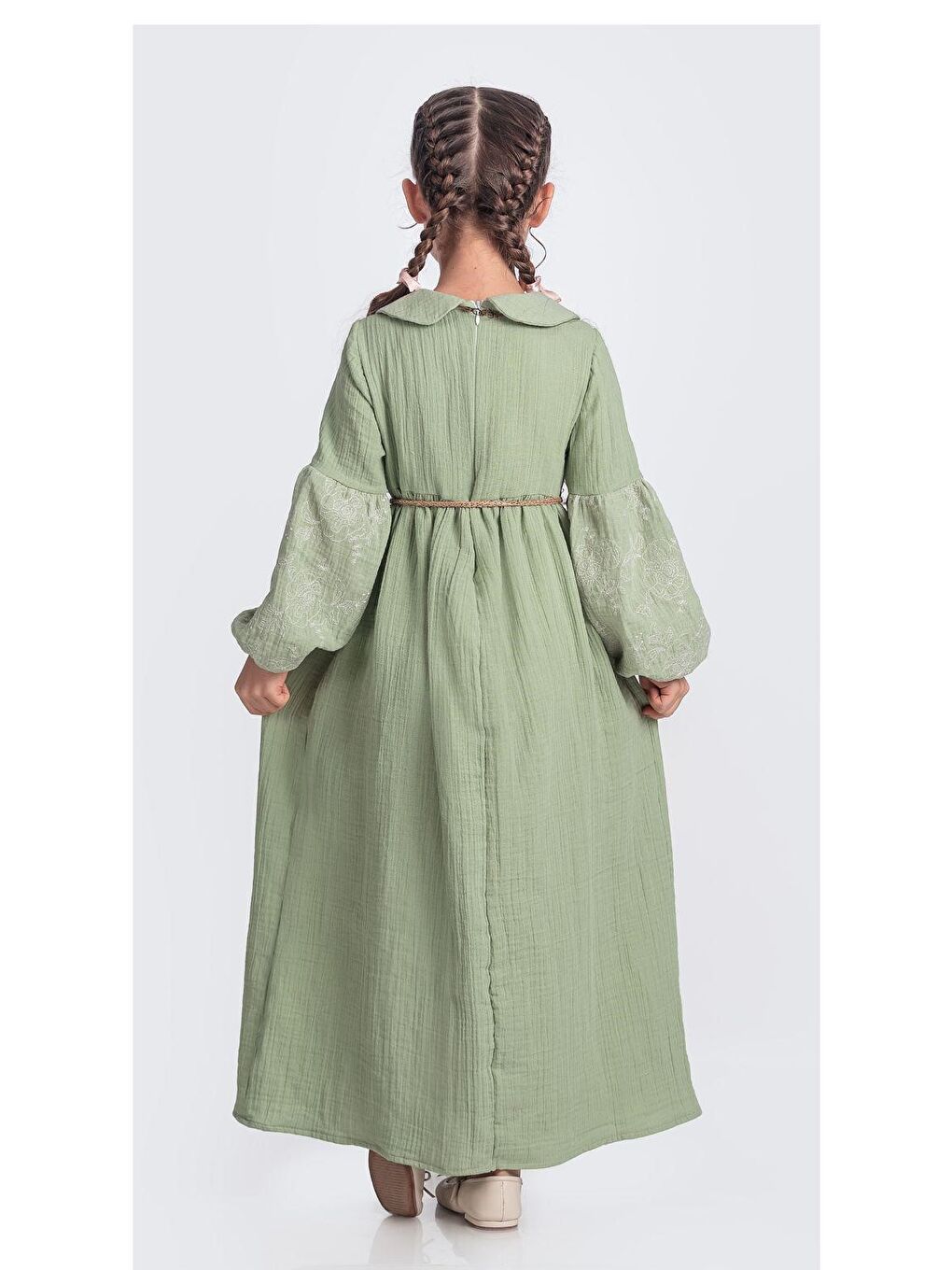 Yeşil Müslin Kumaş Kız Çocuk Uzun Kollu Elbise M00705-2