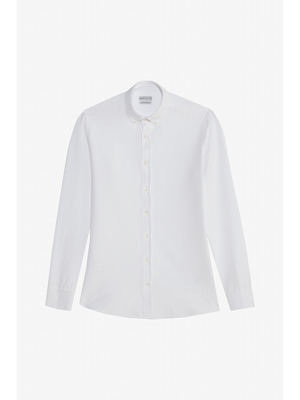 Erkek Beyaz Slim Fit Dar Kesim Düğmeli Yaka Armürlü Gofre Desenli Gömlek-5