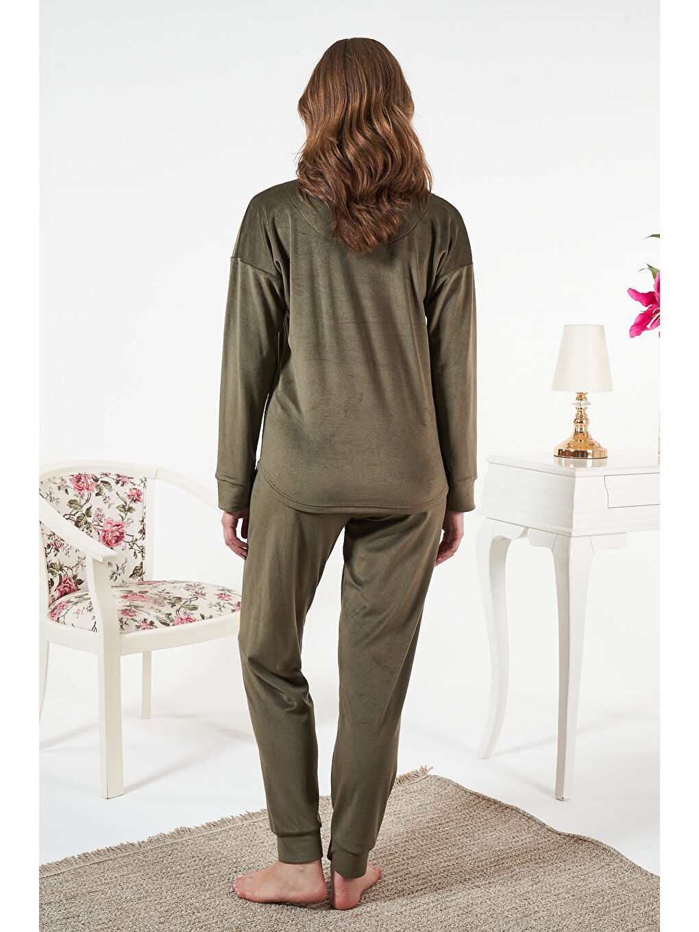 Kadın Kadife Baskılı Pijama Takımı 25382 Haki-3