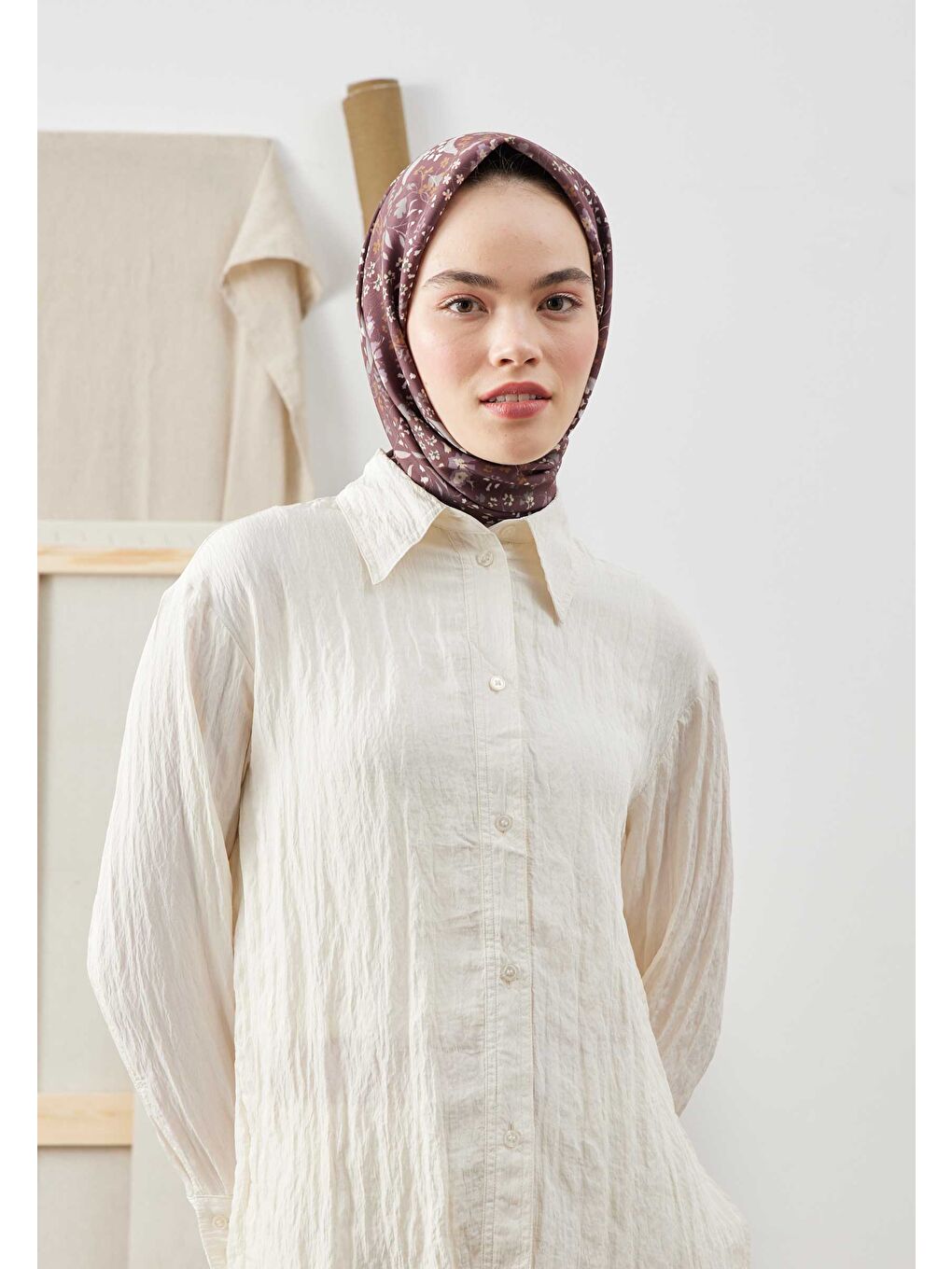 Tıny Garden Desen Pamuk İpek Eşarp Mürdüm-2