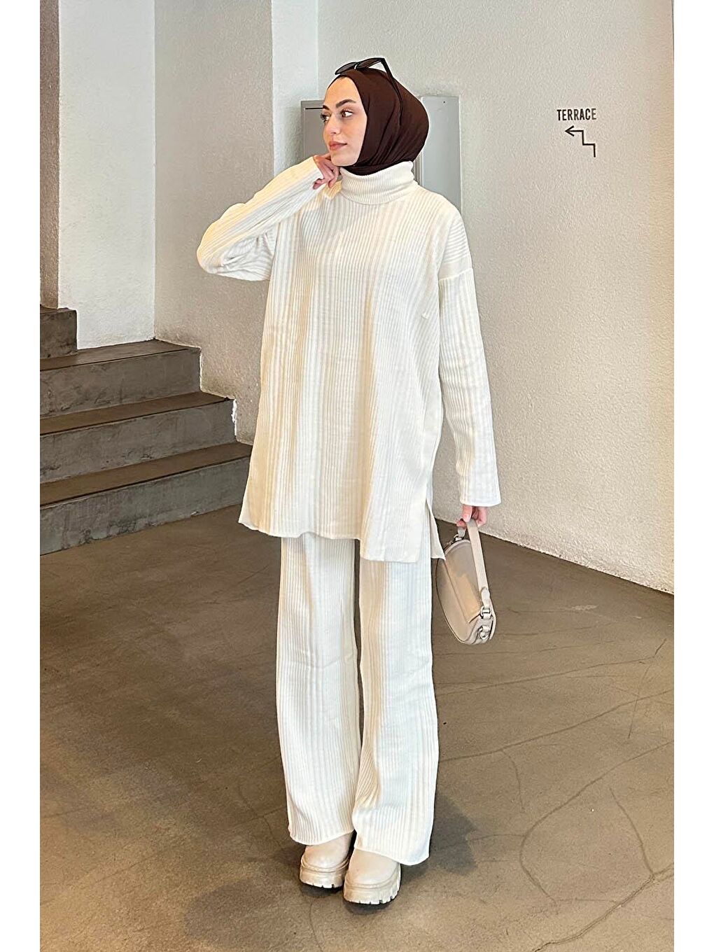 Fitilli Triko Takım Ekru