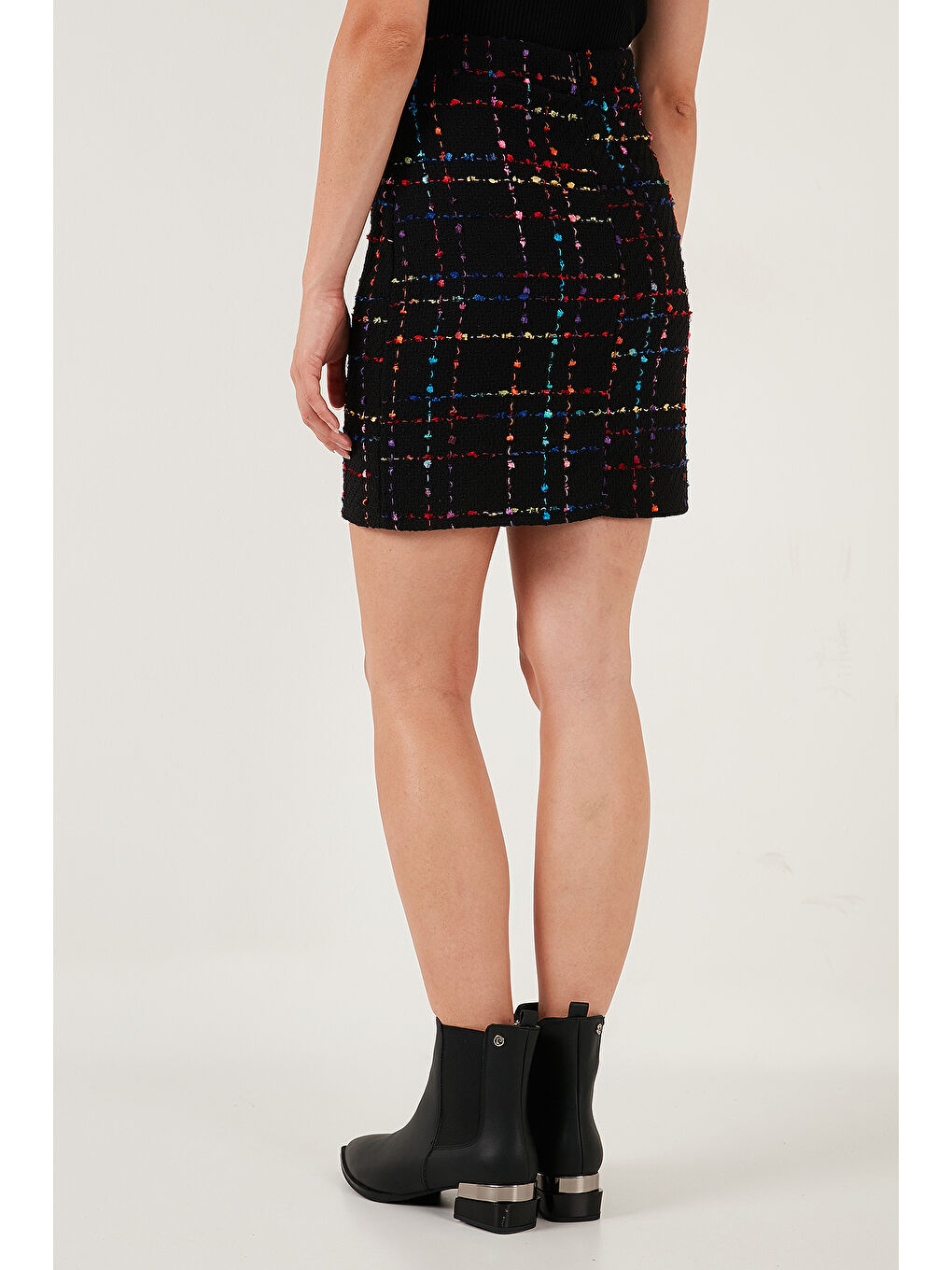 Siyah Tüvit Desenli Slim Fit Yüksek Bel Mini Boy Kadın Etek 5866436-4