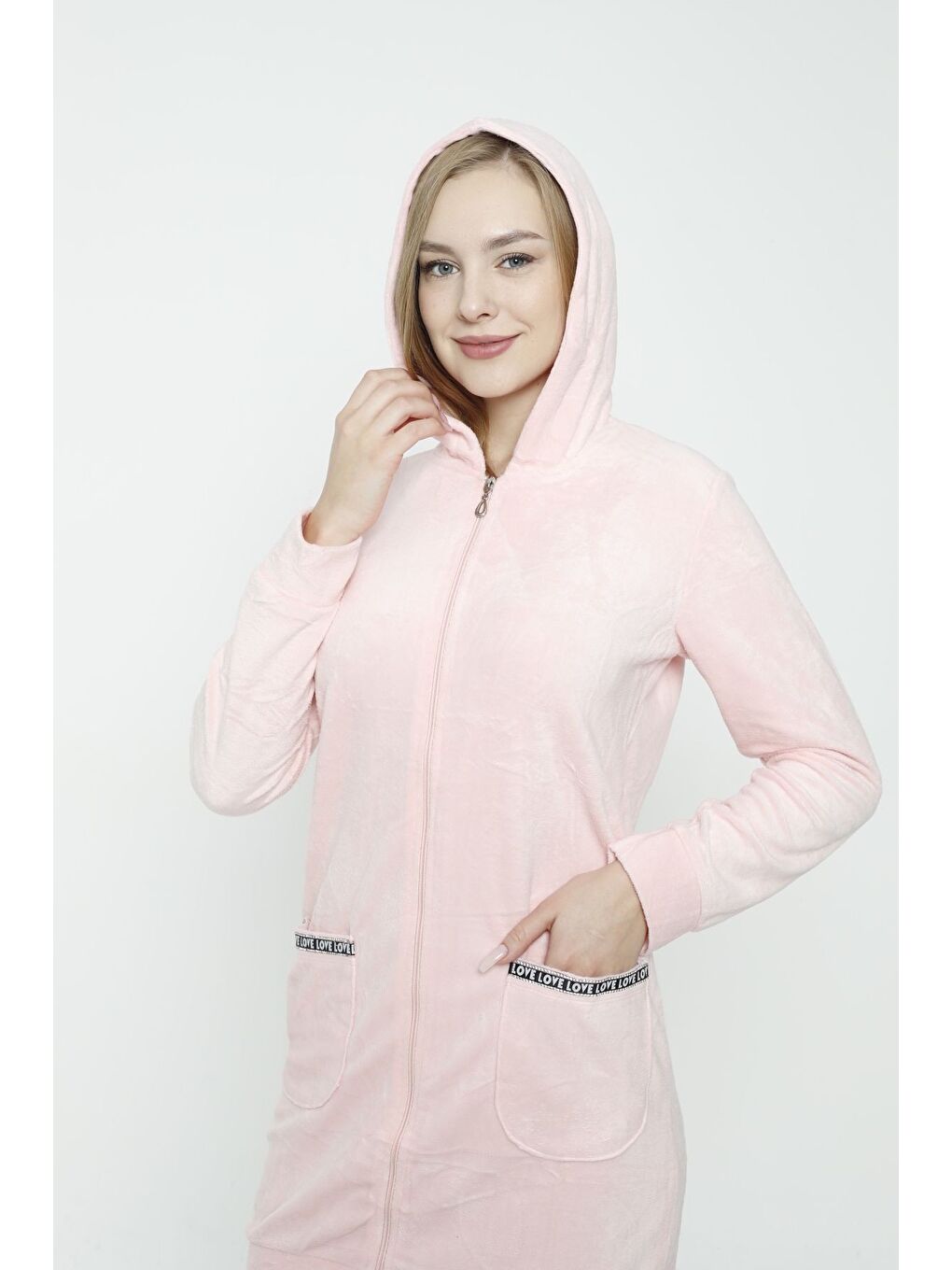 Pembe Kadın Uzun Kollu Kapüşonlu Soft Polar Cepli Fermuarlı Elbise-1