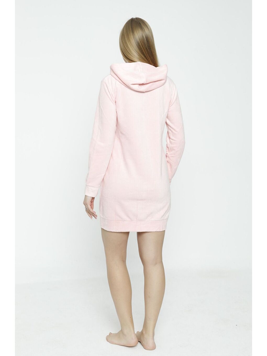 Pembe Kadın Uzun Kollu Kapüşonlu Soft Polar Cepli Fermuarlı Elbise-3
