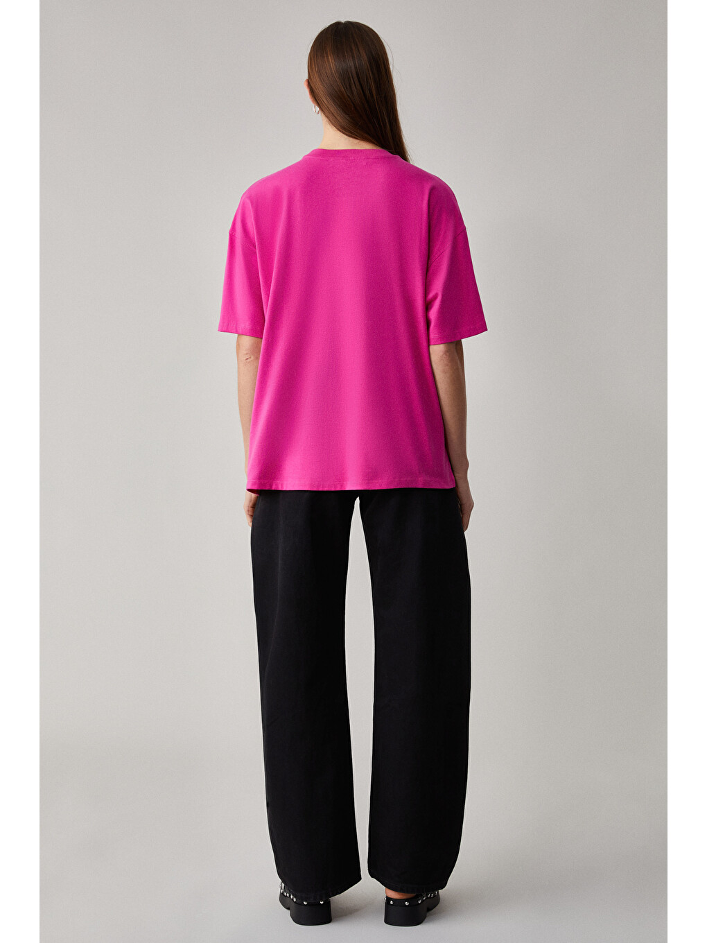 Pembe Jemmy Kadın %100 Organik Pamuk Relaxed Fit Yırtmaçlı Yuvarlak Yakalı PEMBE T-Shirt-4