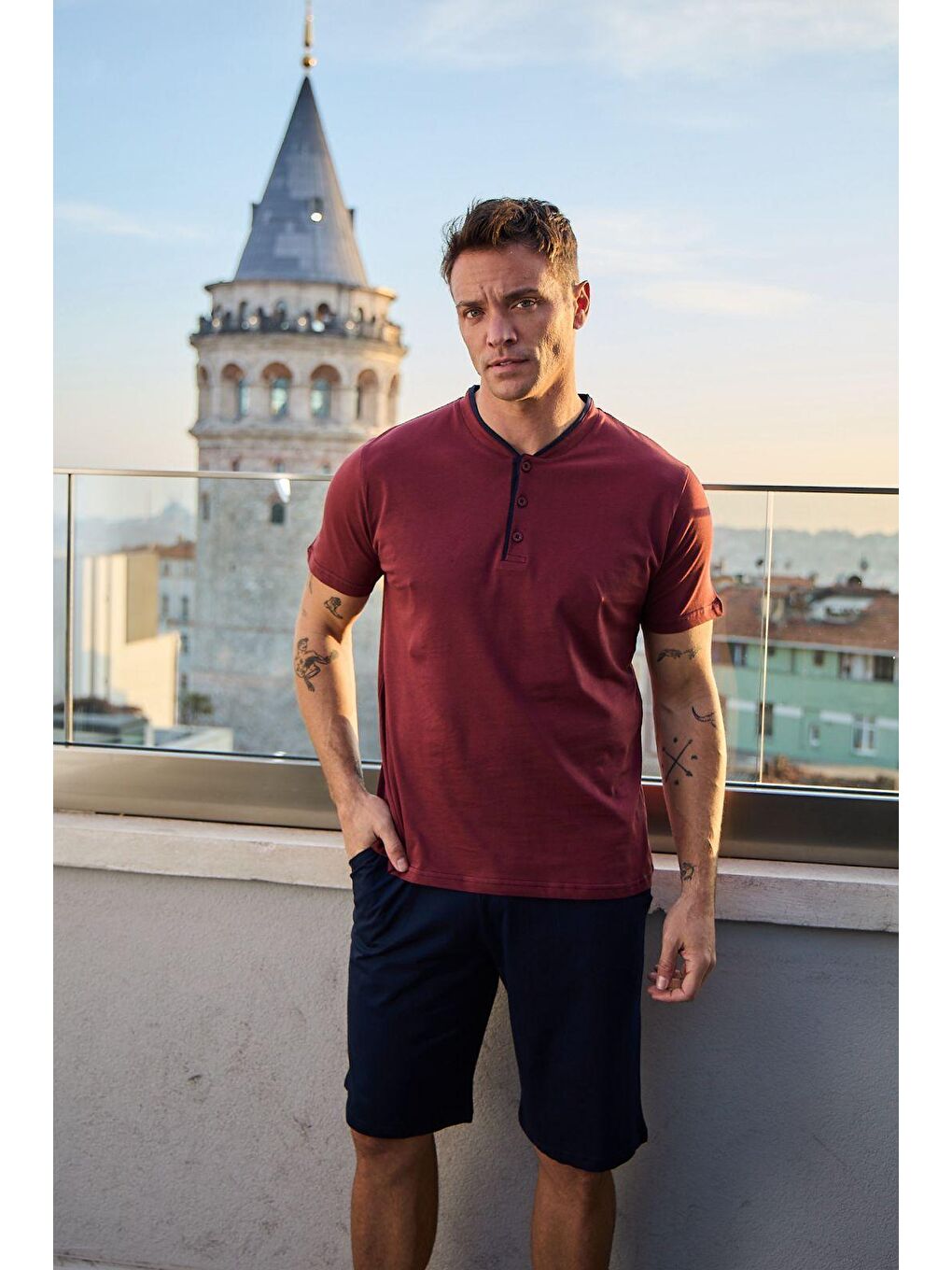 Bordo Erkek %100 Organik Pamuk Doğal Kısa Kollu Şortlu Yüksek Kaliteli Pijama Takımı-1