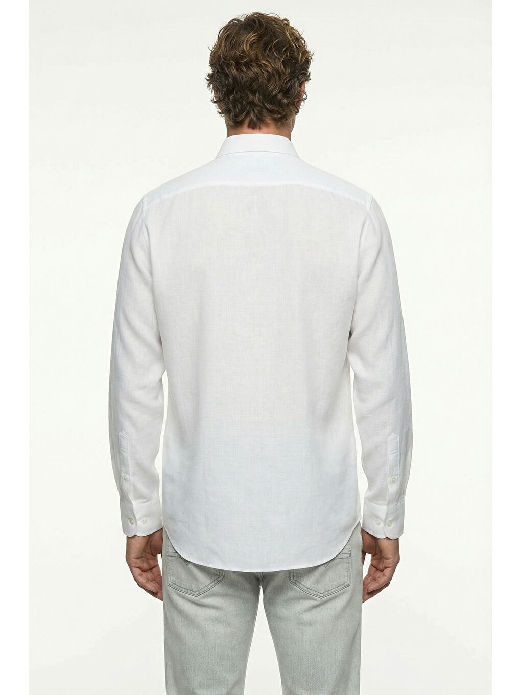 Beyaz Uzun Kol Regular Fit Düğmeli Yaka Spor Pamuk Nefes Alabilen Keten Görünümlü Gömlek-2