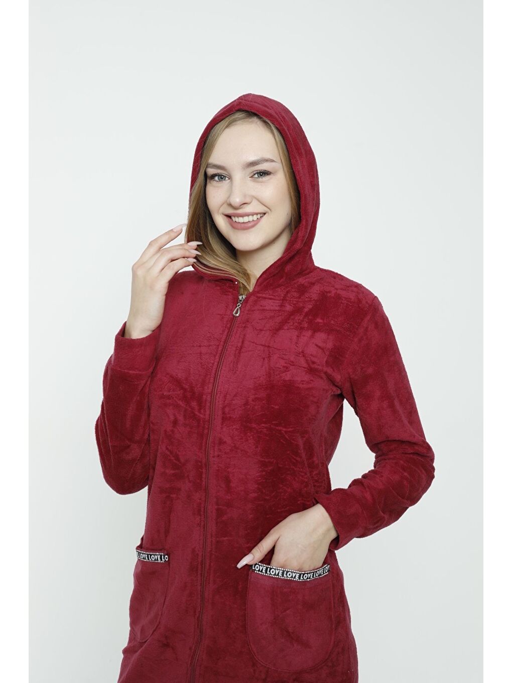 Kırmızı Kadın Uzun Kollu Kapüşonlu Soft Polar Cepli Fermuarlı Elbise-1