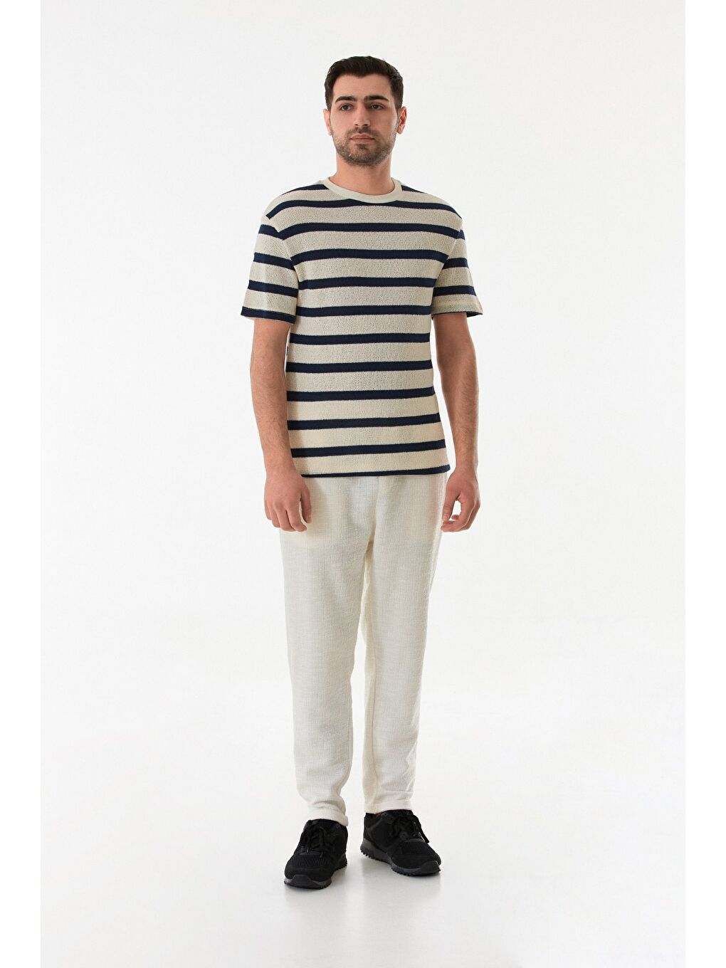 Lacivert Çizgili Ajurlu Bisiklet Yaka Triko Tişört-1