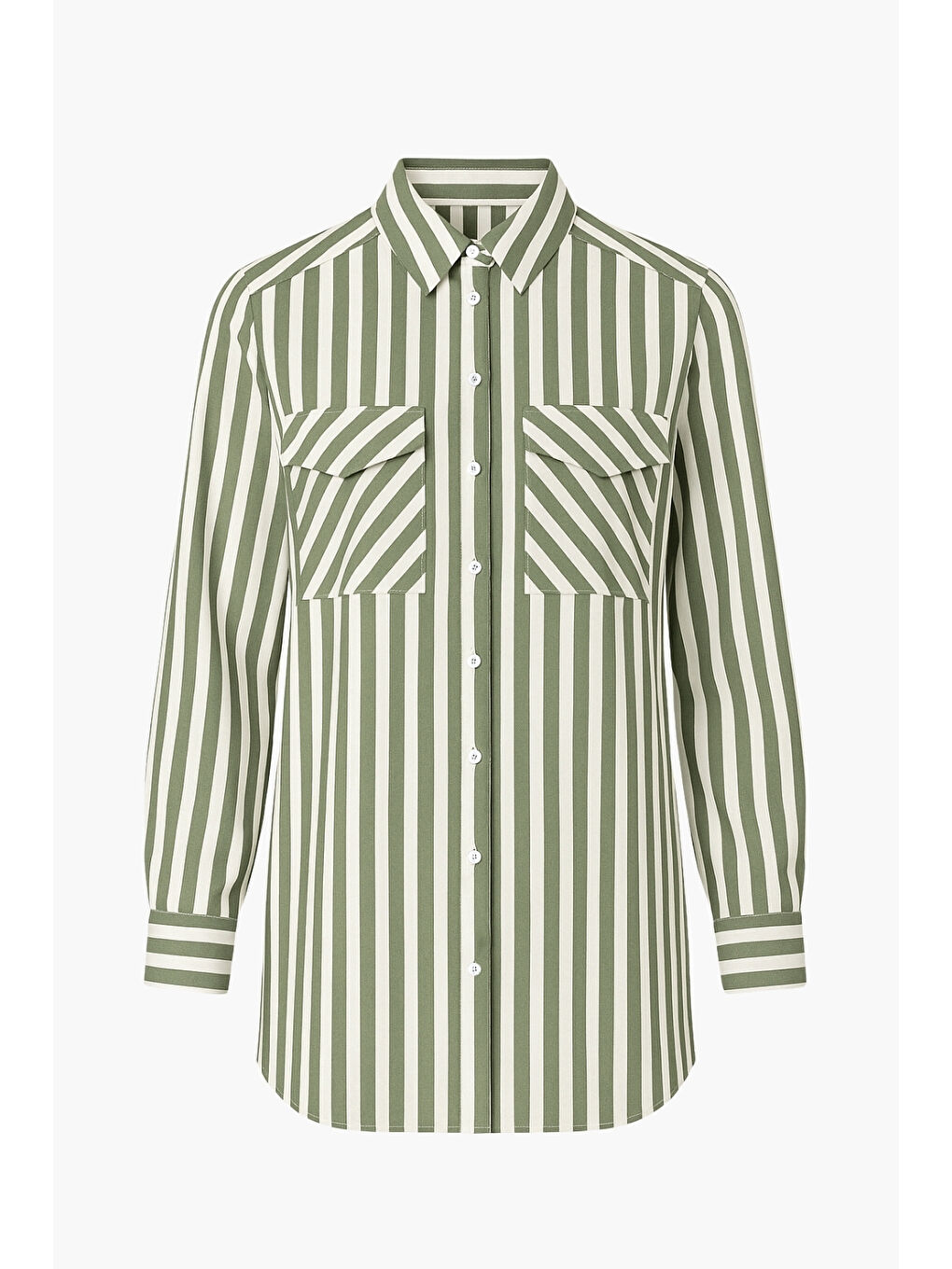 Modal Dokulu Haki Çizgili Cepli Gömlek