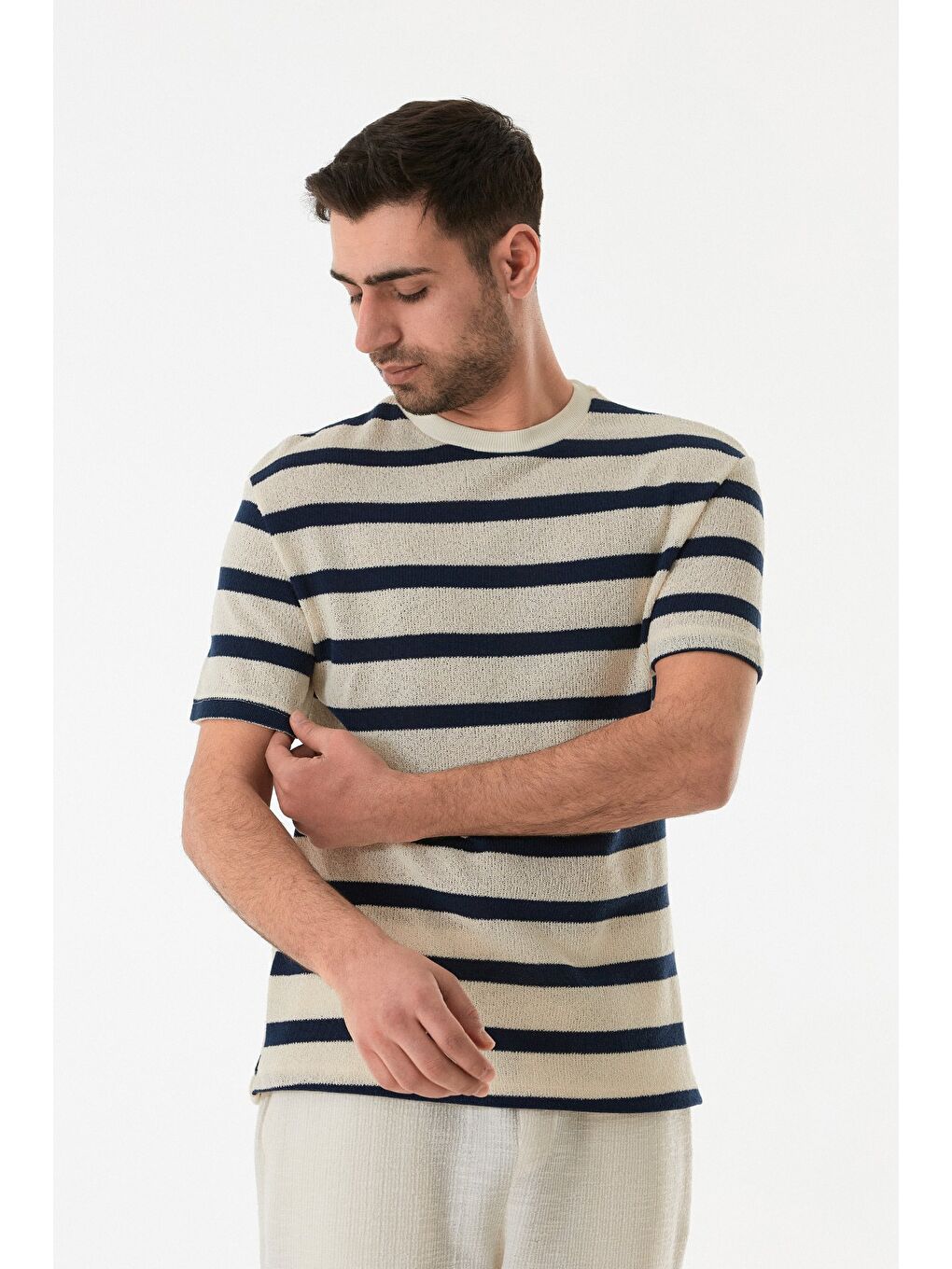 Lacivert Çizgili Ajurlu Bisiklet Yaka Triko Tişört-2