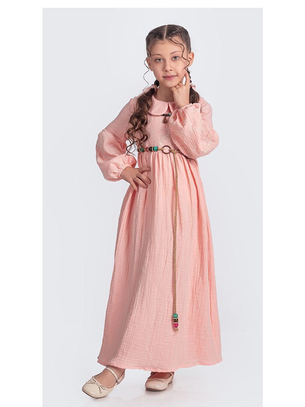 Pembe Müslin Kumaş Kız Çocuk Uzun Kol Elbise M00705