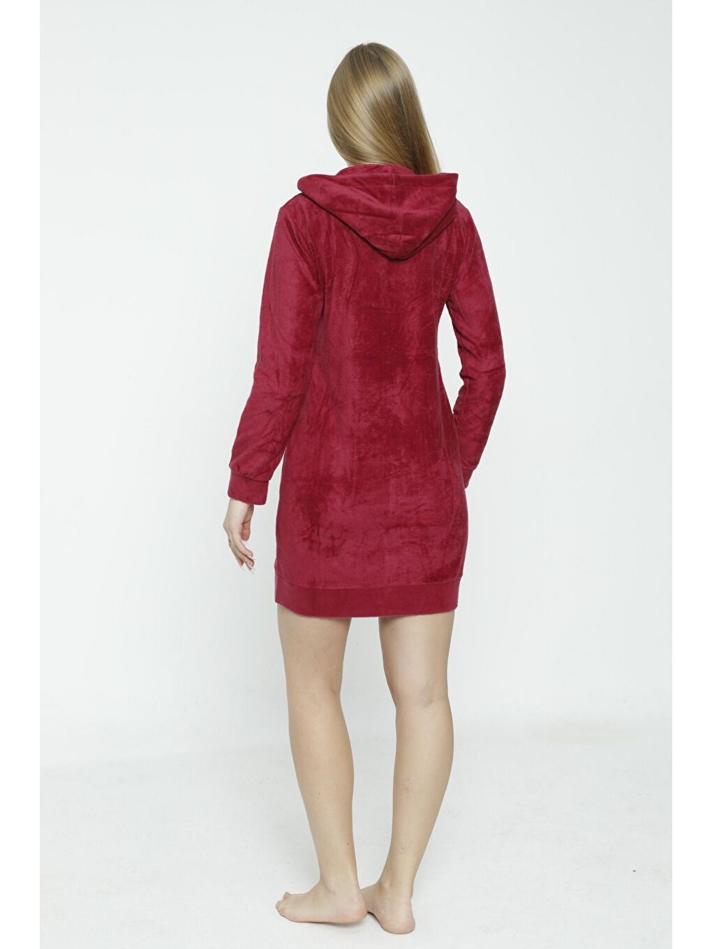 Kırmızı Kadın Uzun Kollu Kapüşonlu Soft Polar Cepli Fermuarlı Elbise-3