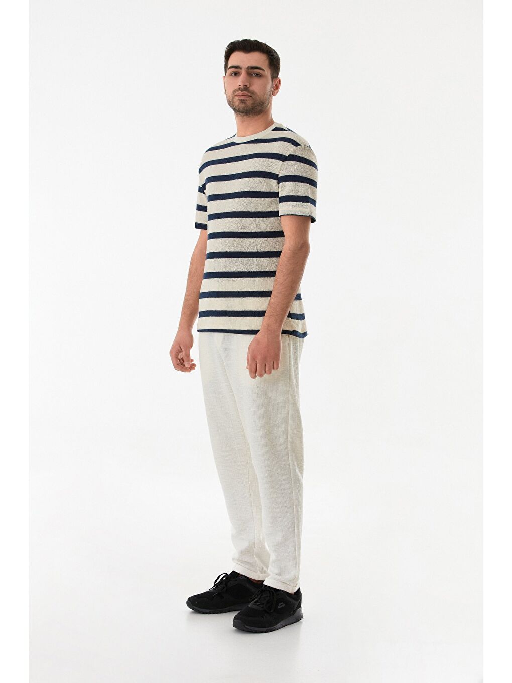 Lacivert Çizgili Ajurlu Bisiklet Yaka Triko Tişört-3