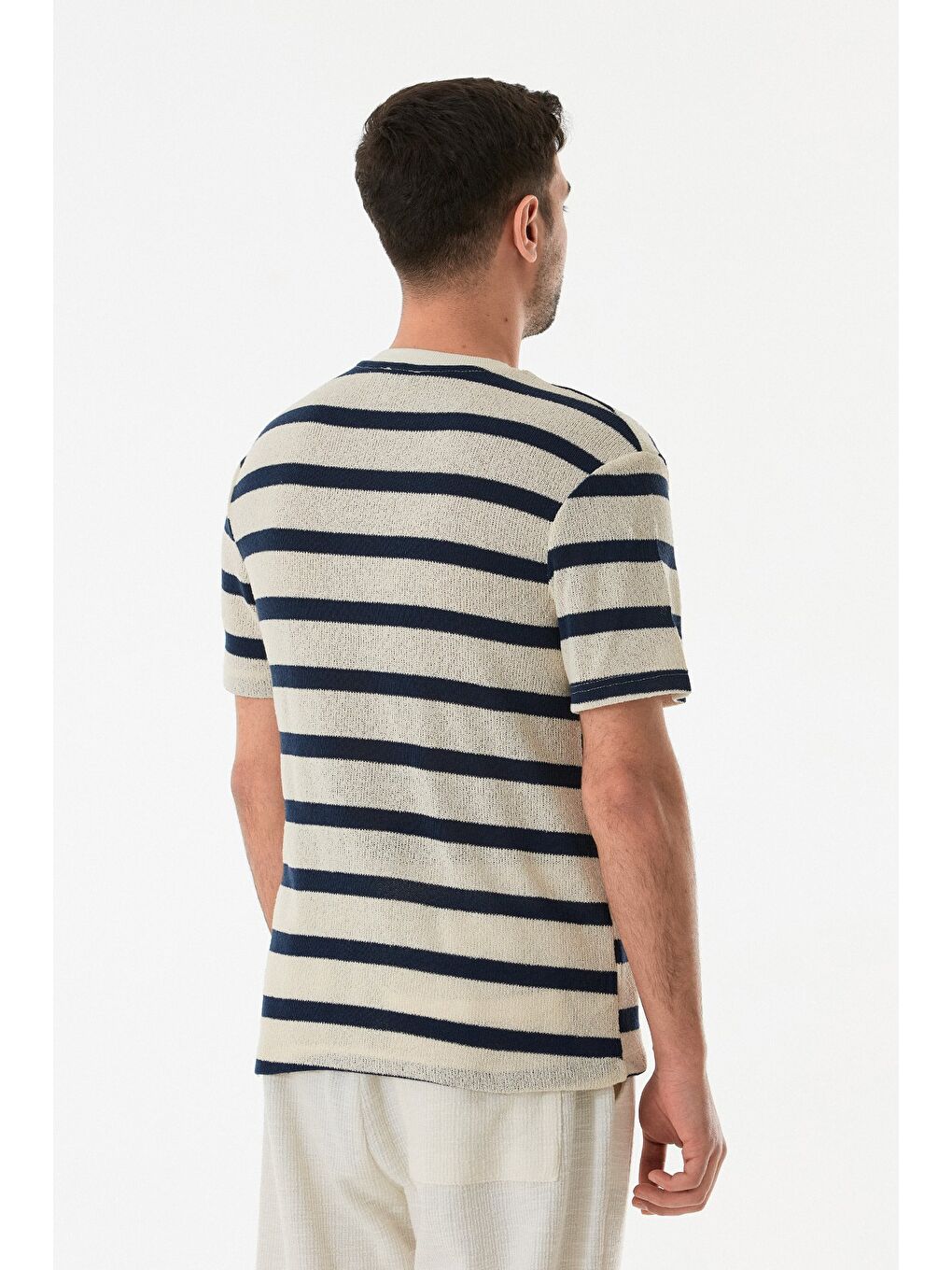 Lacivert Çizgili Ajurlu Bisiklet Yaka Triko Tişört-4