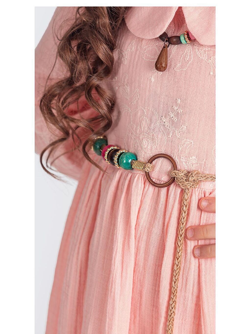 Pembe Müslin Kumaş Kız Çocuk Uzun Kol Elbise M00705-4