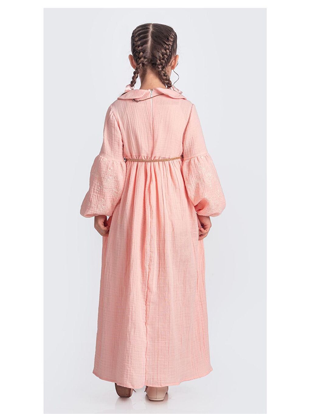 Pembe Müslin Kumaş Kız Çocuk Uzun Kol Elbise M00705-5