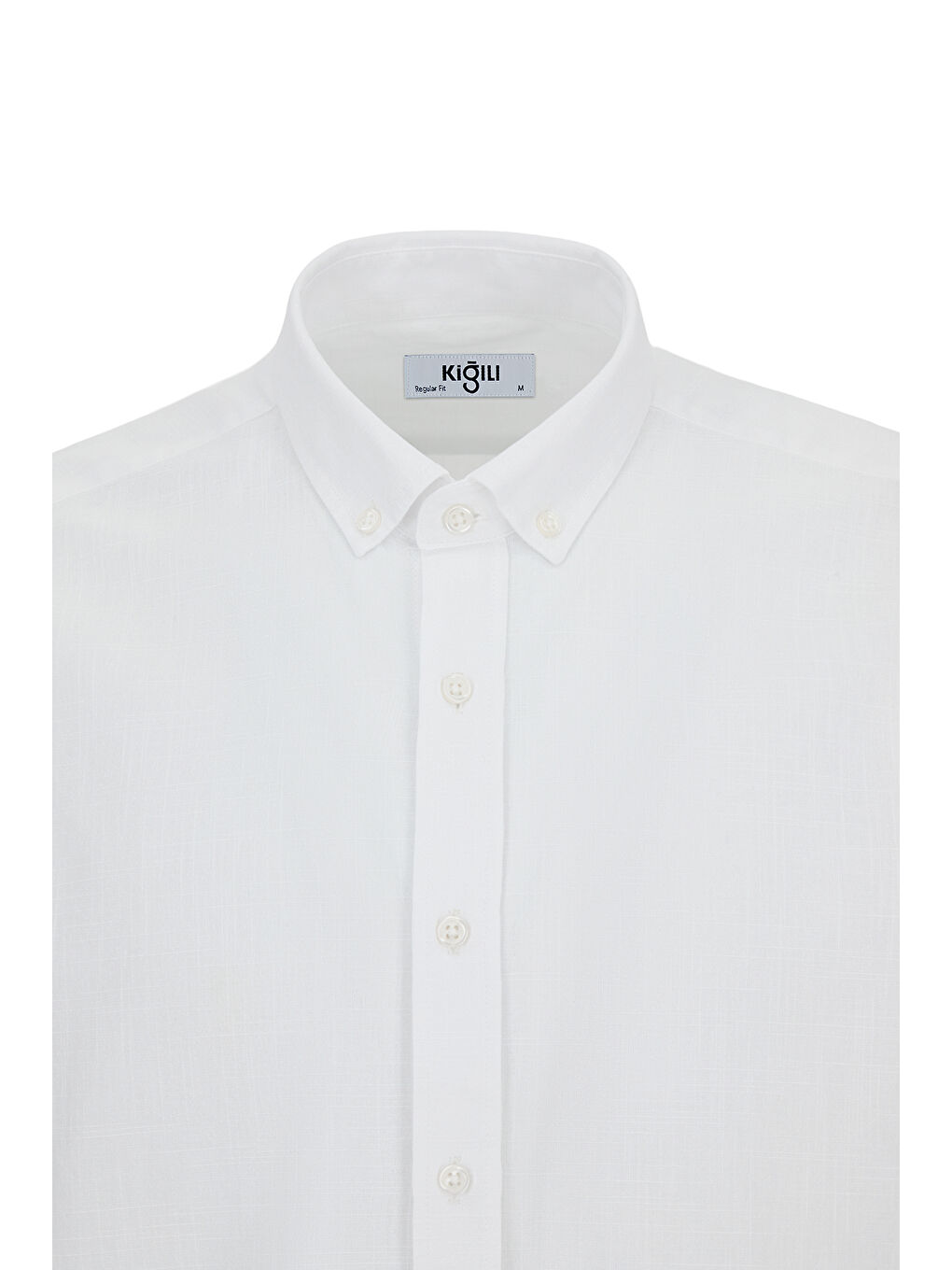 Beyaz Uzun Kol Regular Fit Düğmeli Yaka Spor Pamuk Nefes Alabilen Keten Görünümlü Gömlek-5