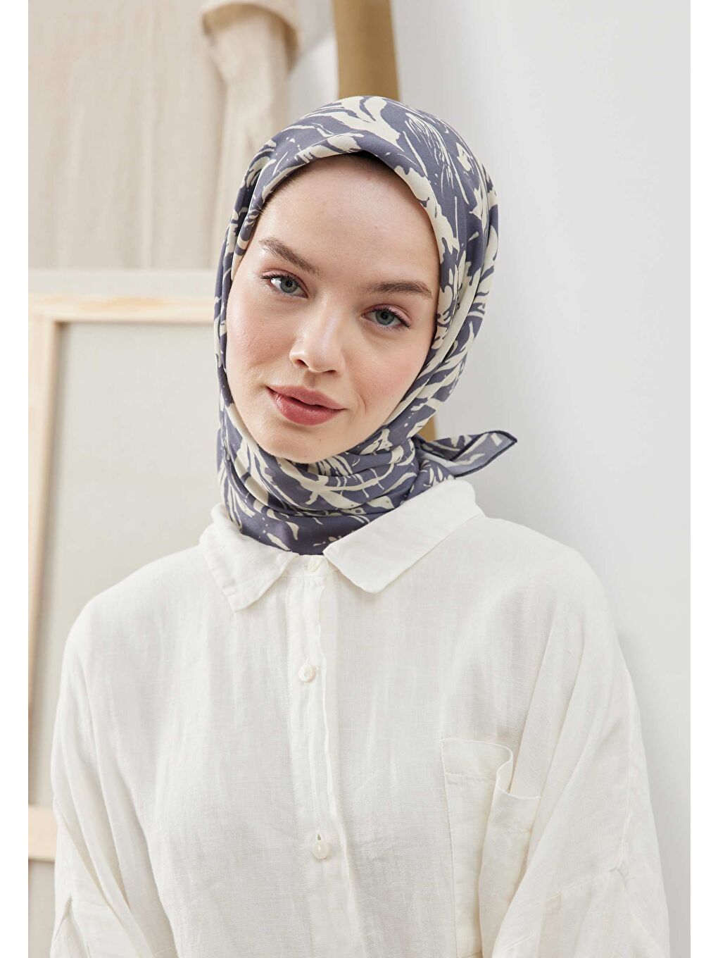 Vıolet Desen Pamuk İpek Eşarp İndigo-1