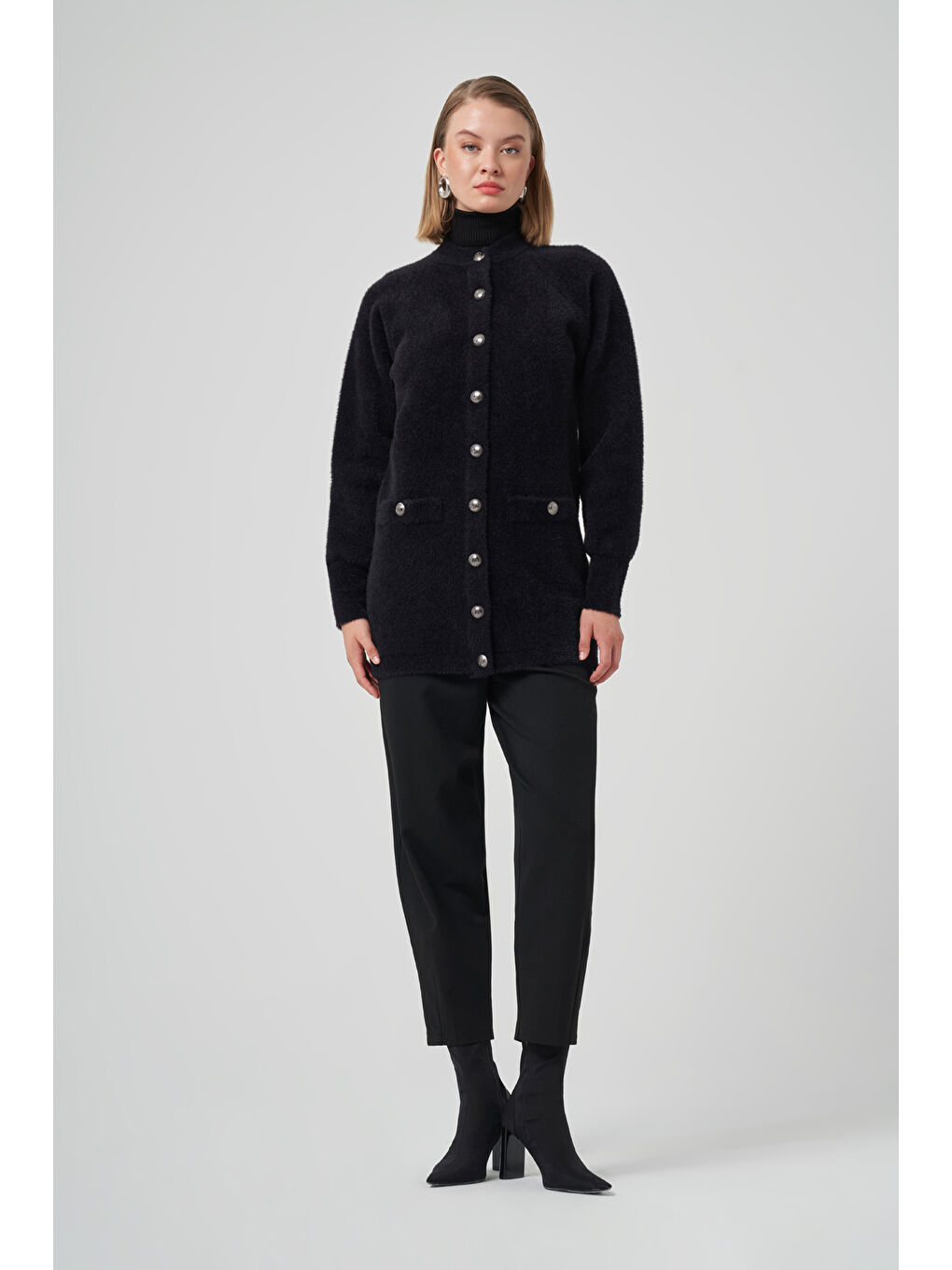 Cep Detay Angora Hırka 7008 Siyah-1