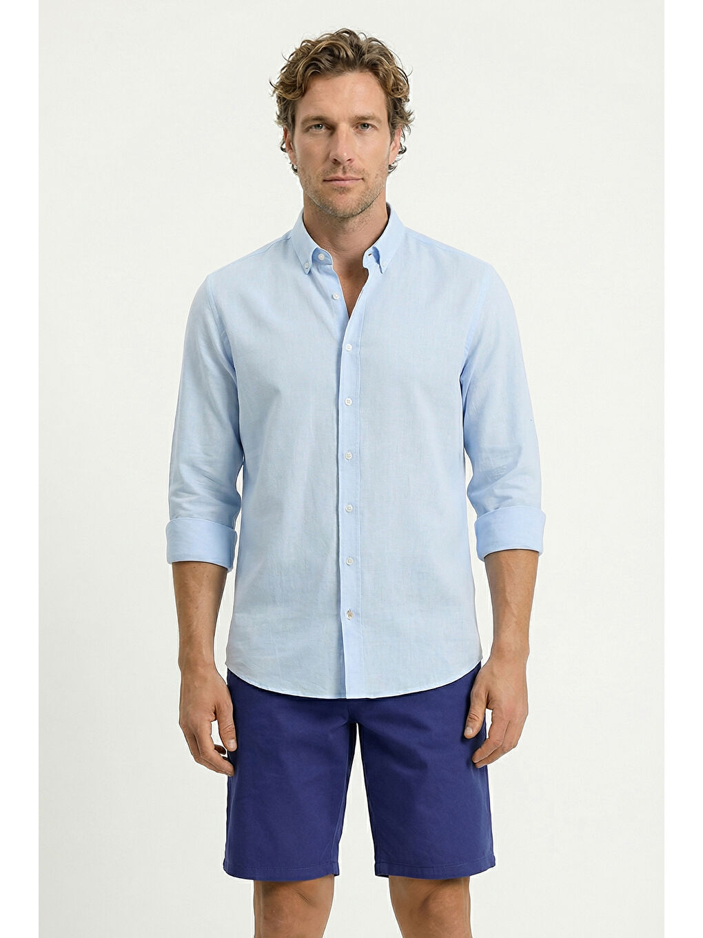 Mavi Uzun Kol Regular Fit Düğmeli Yaka Spor Pamuk Nefes Alabilen Keten Görünümlü Gömlek