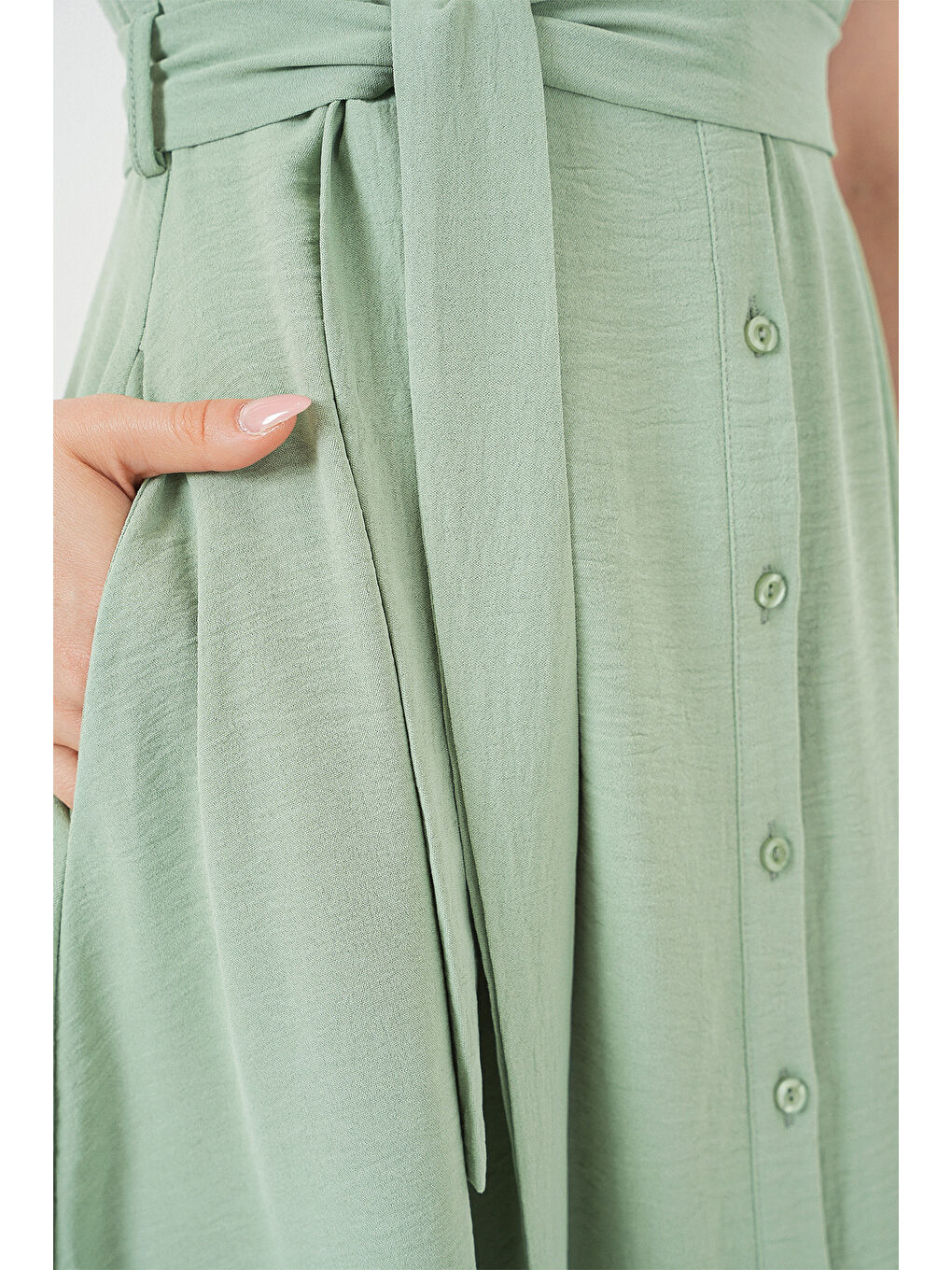 1677 Boydan Düğmeli Kuşaklı Elbise - E.Yeşil-4