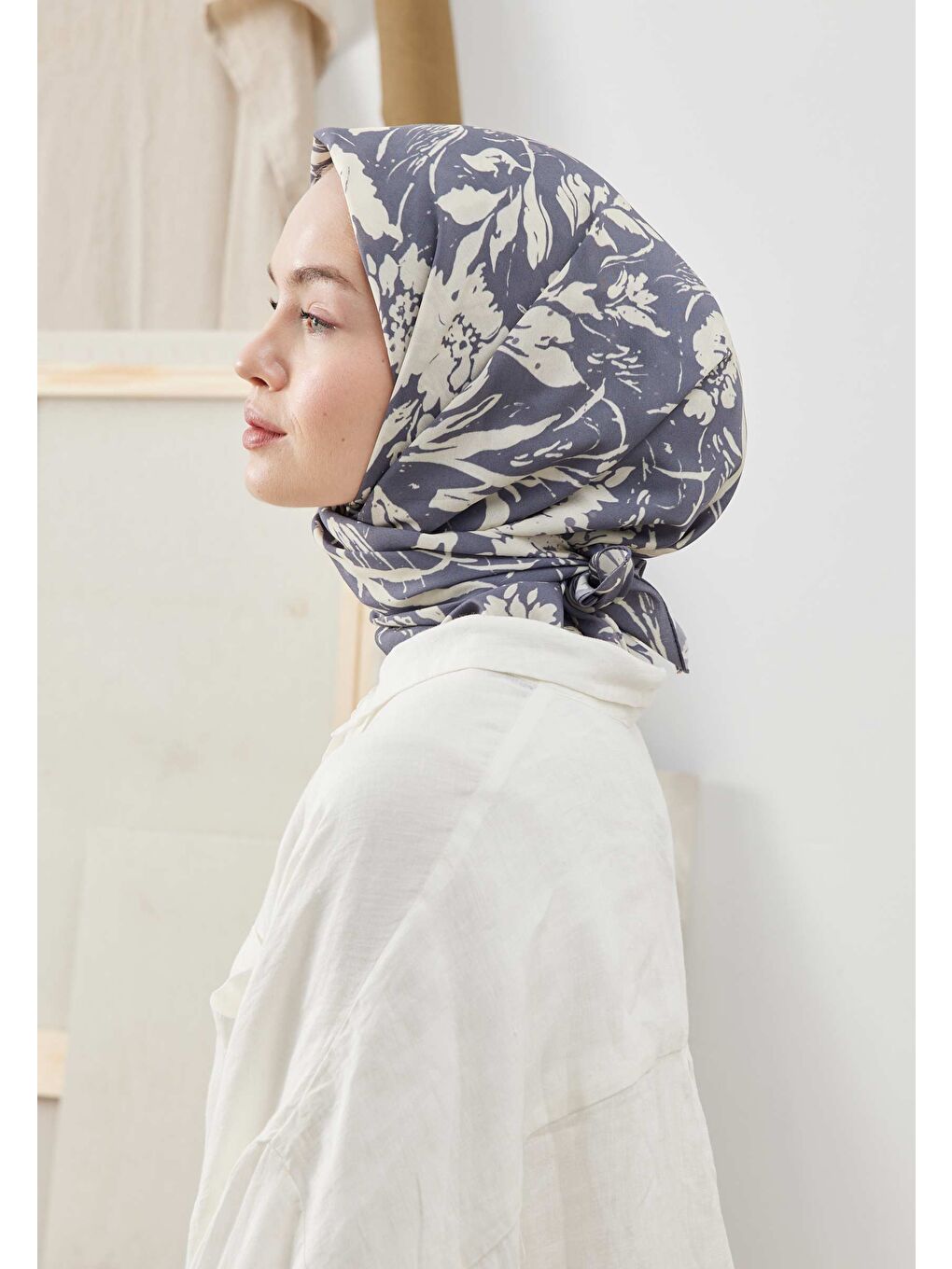 Vıolet Desen Pamuk İpek Eşarp İndigo-3