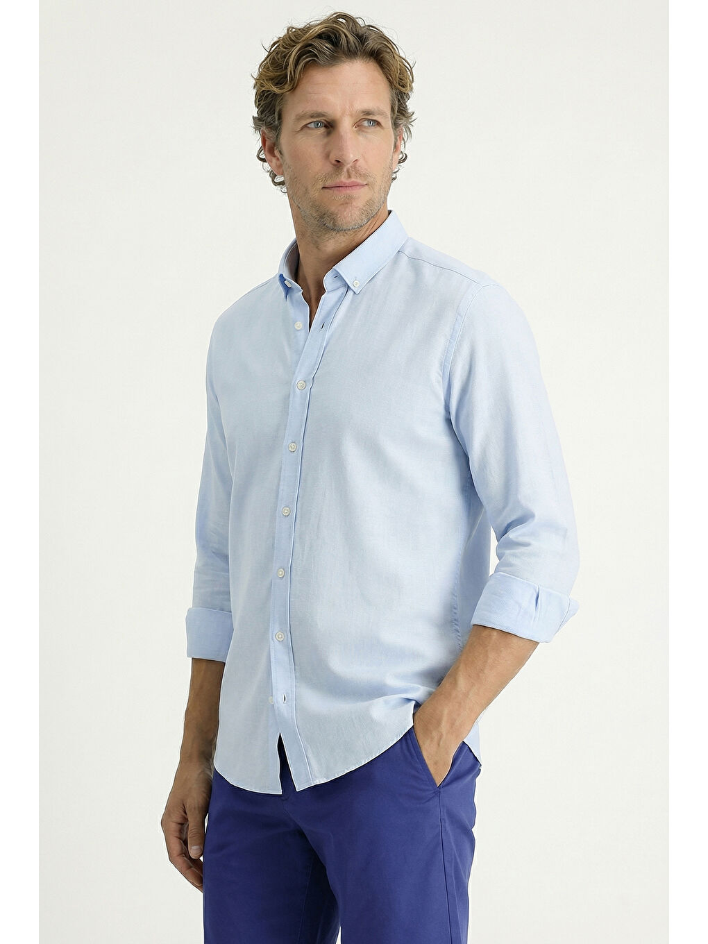 Mavi Uzun Kol Regular Fit Düğmeli Yaka Spor Pamuk Nefes Alabilen Keten Görünümlü Gömlek-1