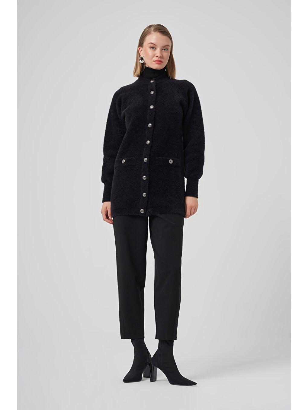 Cep Detay Angora Hırka 7008 Siyah-3