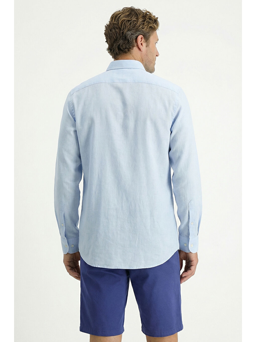 Mavi Uzun Kol Regular Fit Düğmeli Yaka Spor Pamuk Nefes Alabilen Keten Görünümlü Gömlek-2