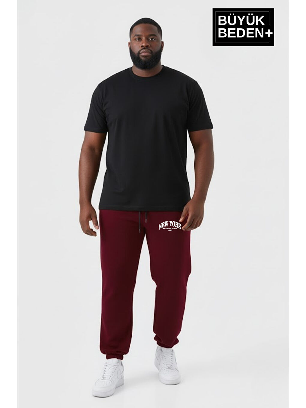 Bordo Erkek Büyük Beden New York Baskılı Paça Lastikli Rahat Kesim Jogger İnce Eşofman Altı SPR26BEA951-5