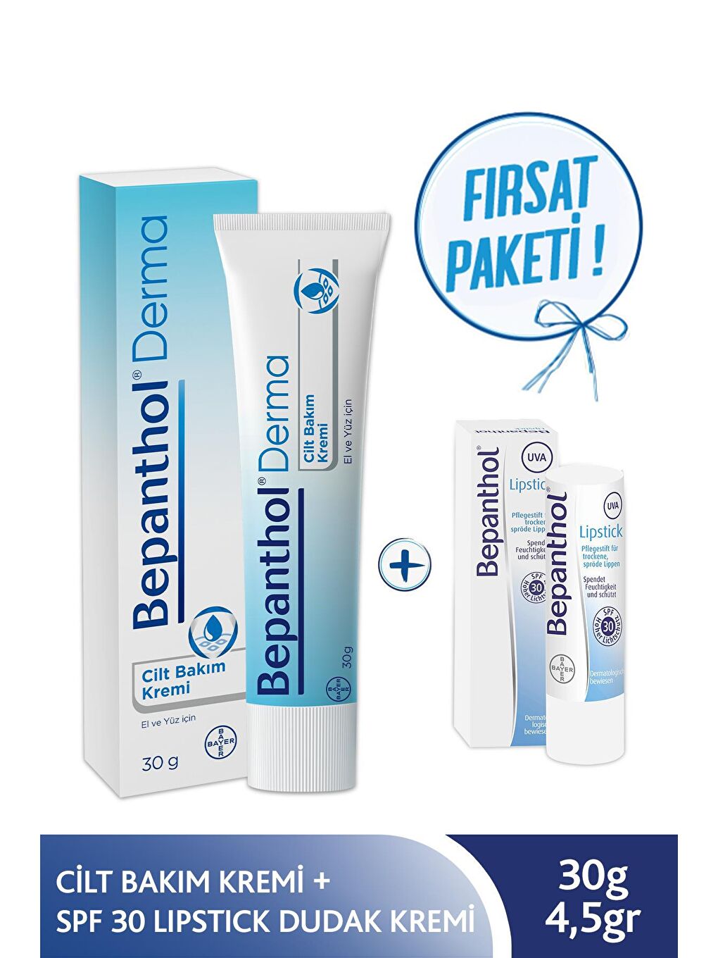 Bepanthol Şeffaf Cilt Kremi 30 gr + SPF 30 Lipstik Dudak Kremi 4,5 gr l Avantajlı Günlük Bakım Seti - 1