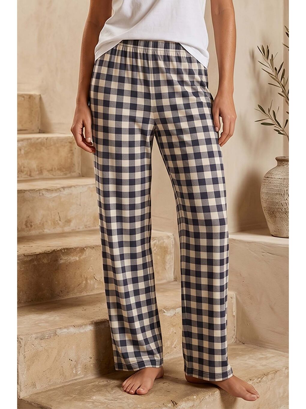 Büyük Beden Kadın Ekose Viskon Kumaş Penye Battal Tek Pijama Alt 22 Bej-1