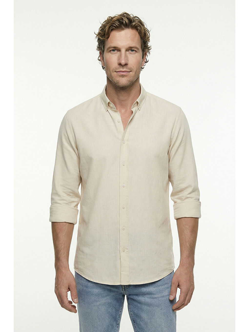 Bej Uzun Kol Regular Fit Düğmeli Yaka Spor Pamuk Nefes Alabilen Keten Görünümlü Gömlek
