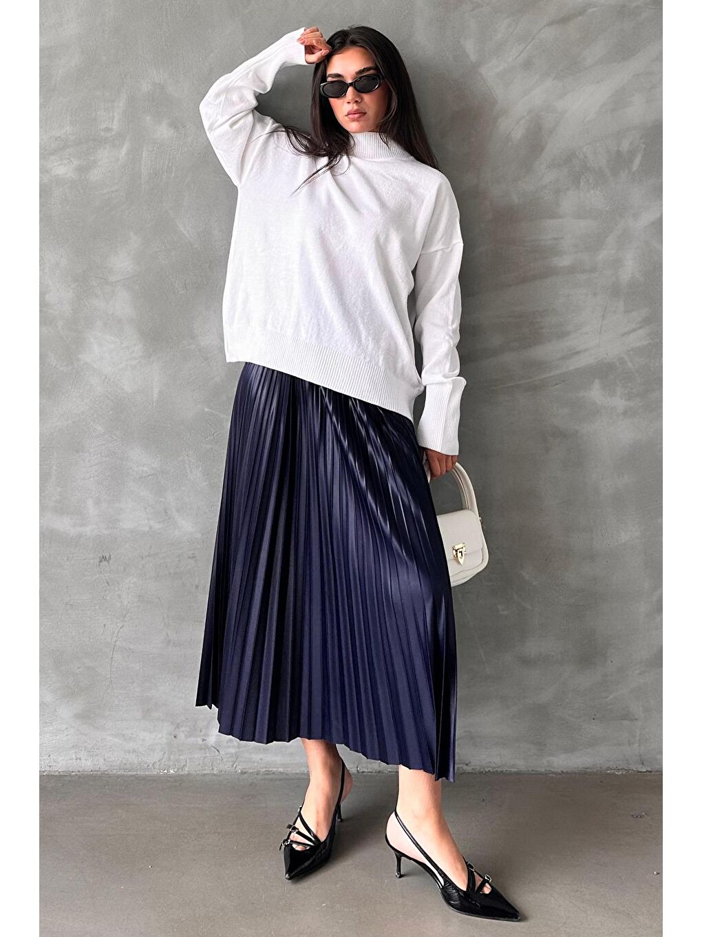 Lacivert Pileli Kadın Etek Mg2318-1