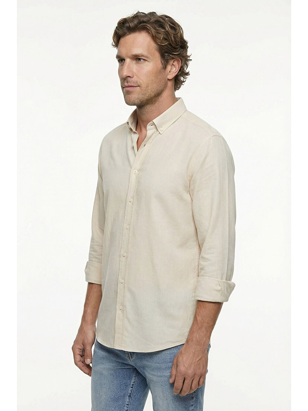 Bej Uzun Kol Regular Fit Düğmeli Yaka Spor Pamuk Nefes Alabilen Keten Görünümlü Gömlek-1