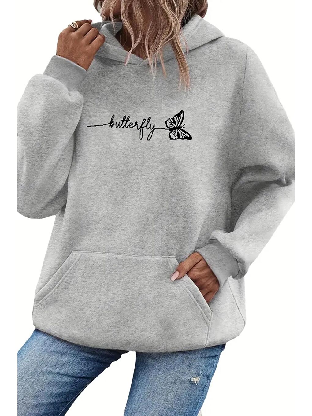 Gri Butterfly Ön Yazı Baskılı İçi Pamuklu Unisex Sweatshirt