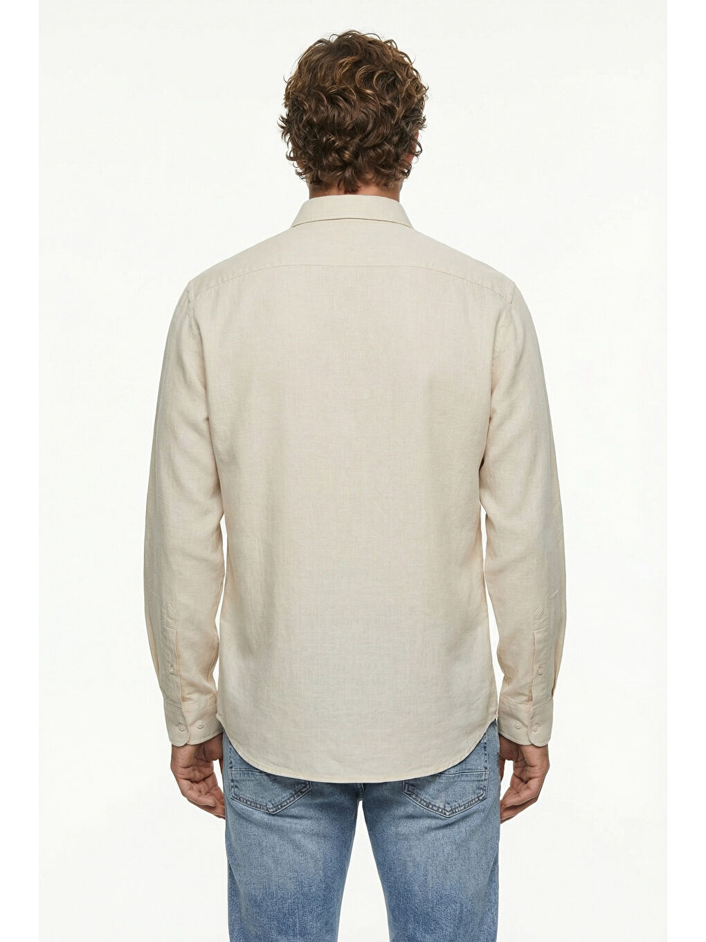 Bej Uzun Kol Regular Fit Düğmeli Yaka Spor Pamuk Nefes Alabilen Keten Görünümlü Gömlek-2