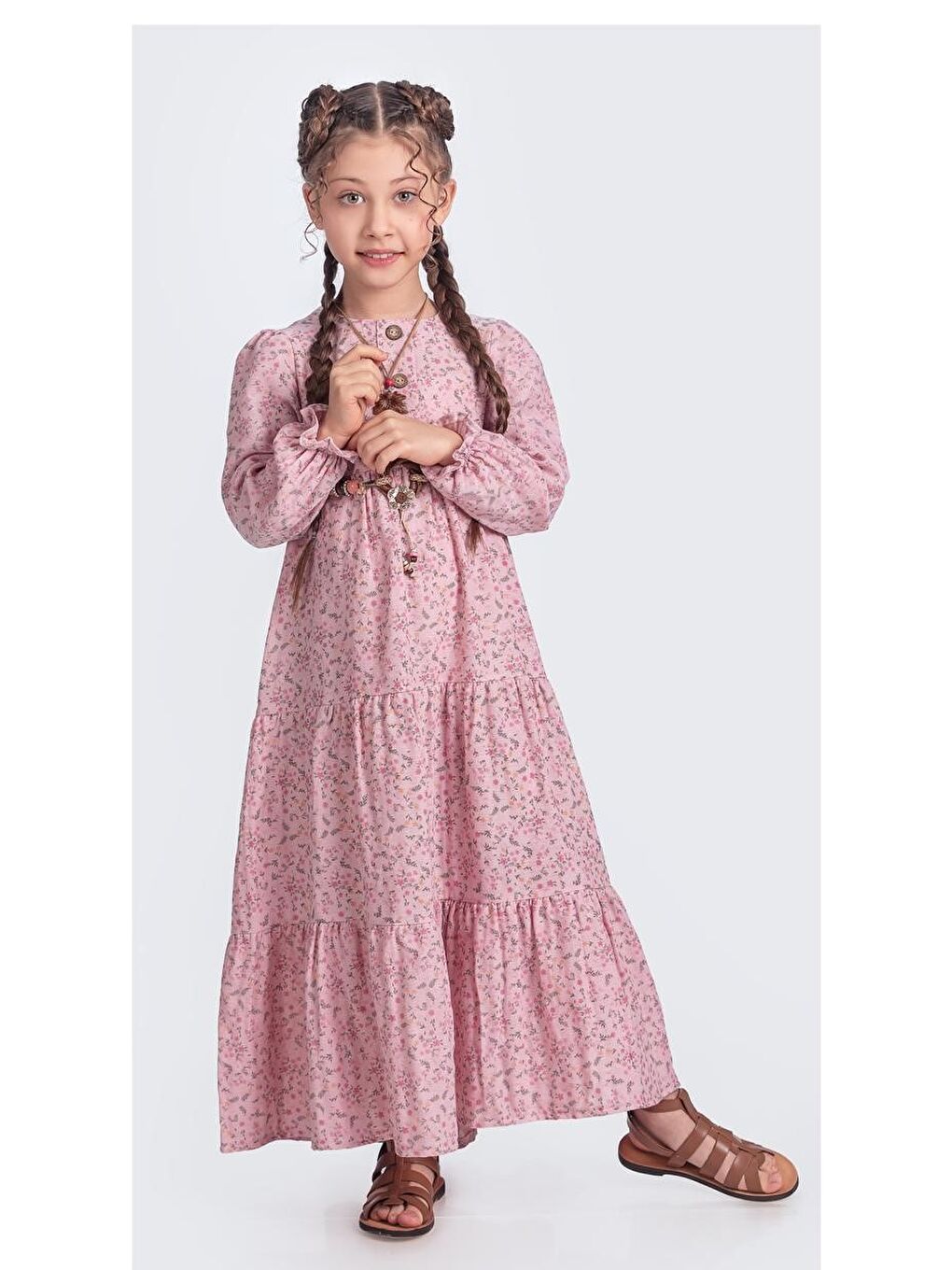 Pembe Müslin Kumaş Kız Çocuk Uzun Kollu Elbise M00705-1