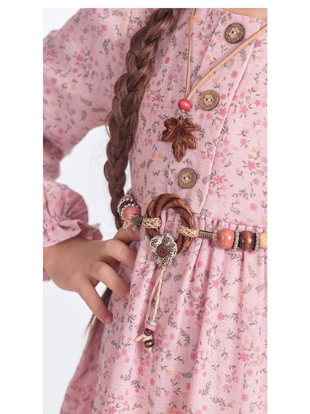 Pembe Müslin Kumaş Kız Çocuk Uzun Kollu Elbise M00705-3