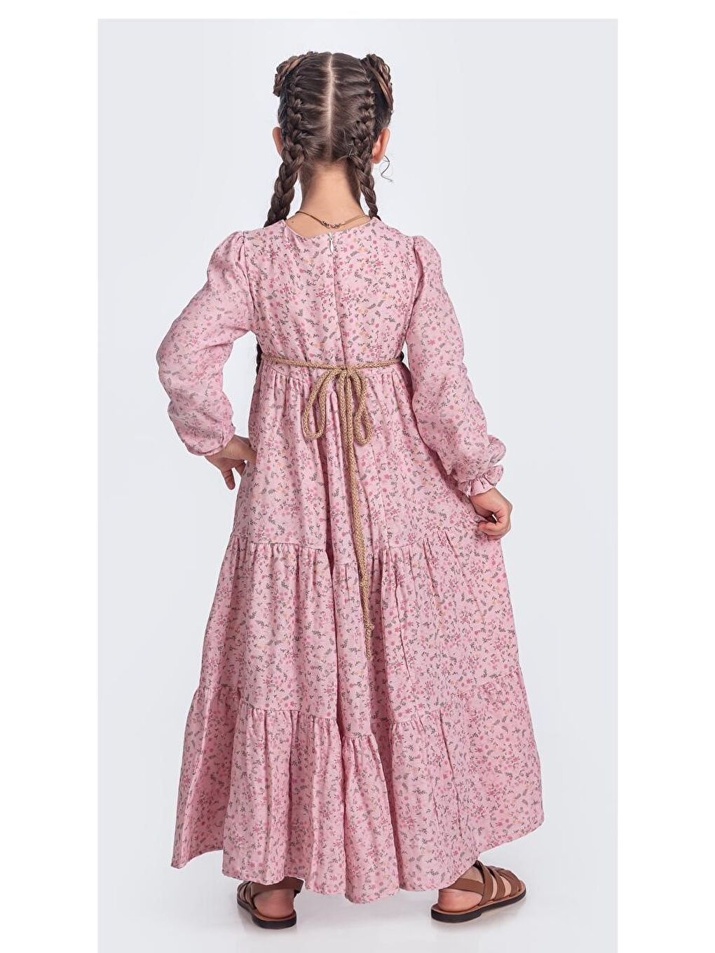 Pembe Müslin Kumaş Kız Çocuk Uzun Kollu Elbise M00705-4