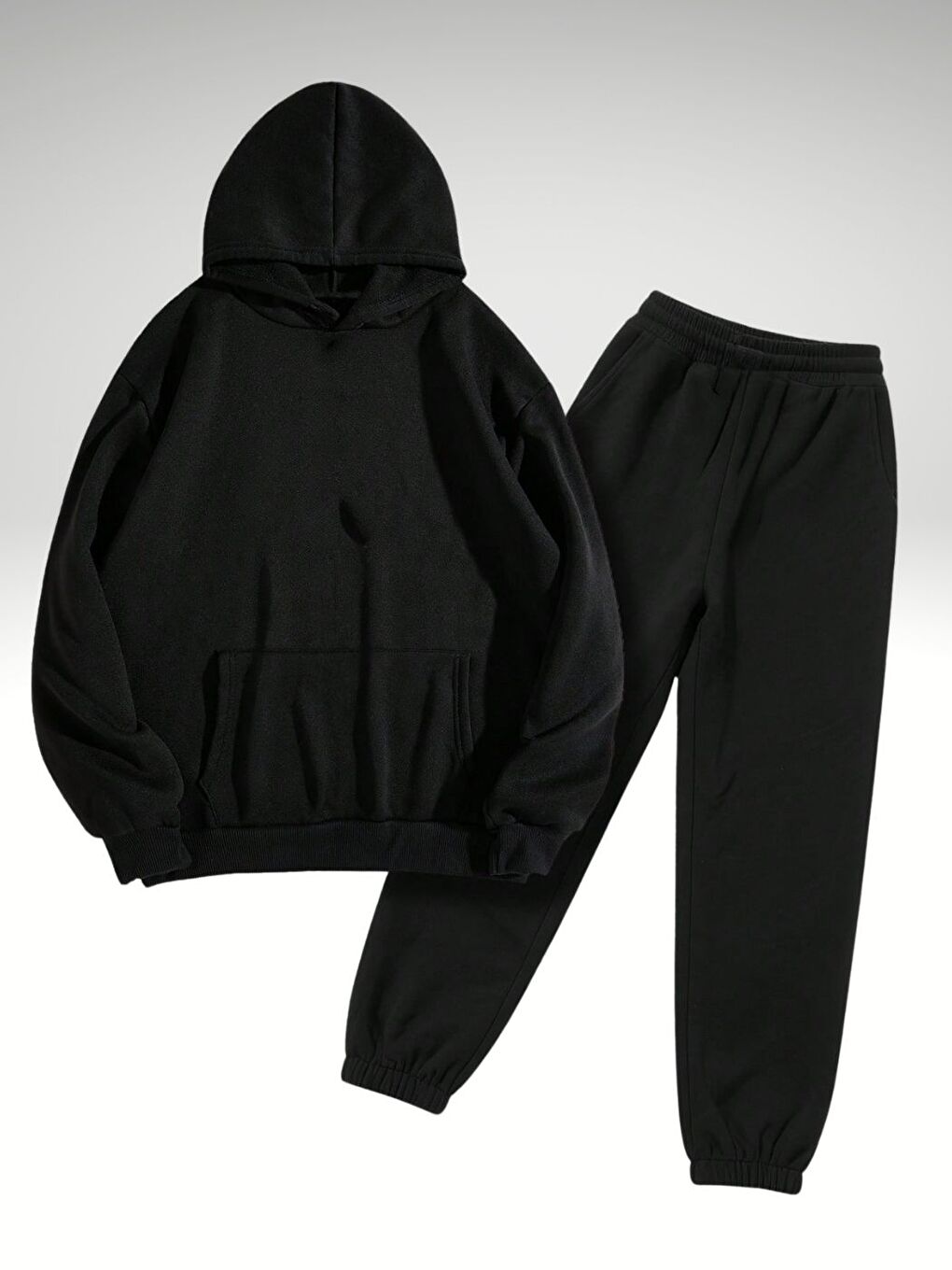 Kadın Siyah Düz Kapüşonlu Alt Üst Eşofman Takımı-1