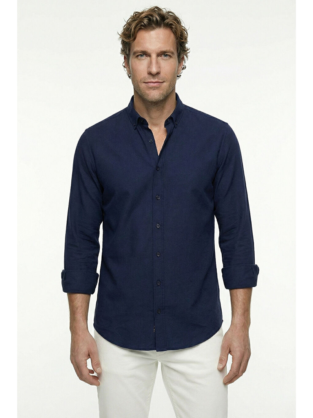 Lacivert Uzun Kol Regular Fit Düğmeli Yaka Spor Pamuk Nefes Alabilen Keten Görünümlü Gömlek
