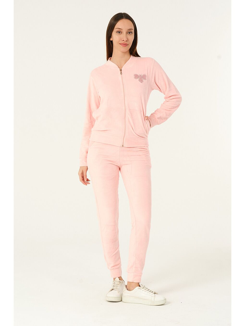 Pembe Fermuarlı Taş Detaylı Uzun Kollu Cepli Slim Fit Soft Polar Eşofman Takımı